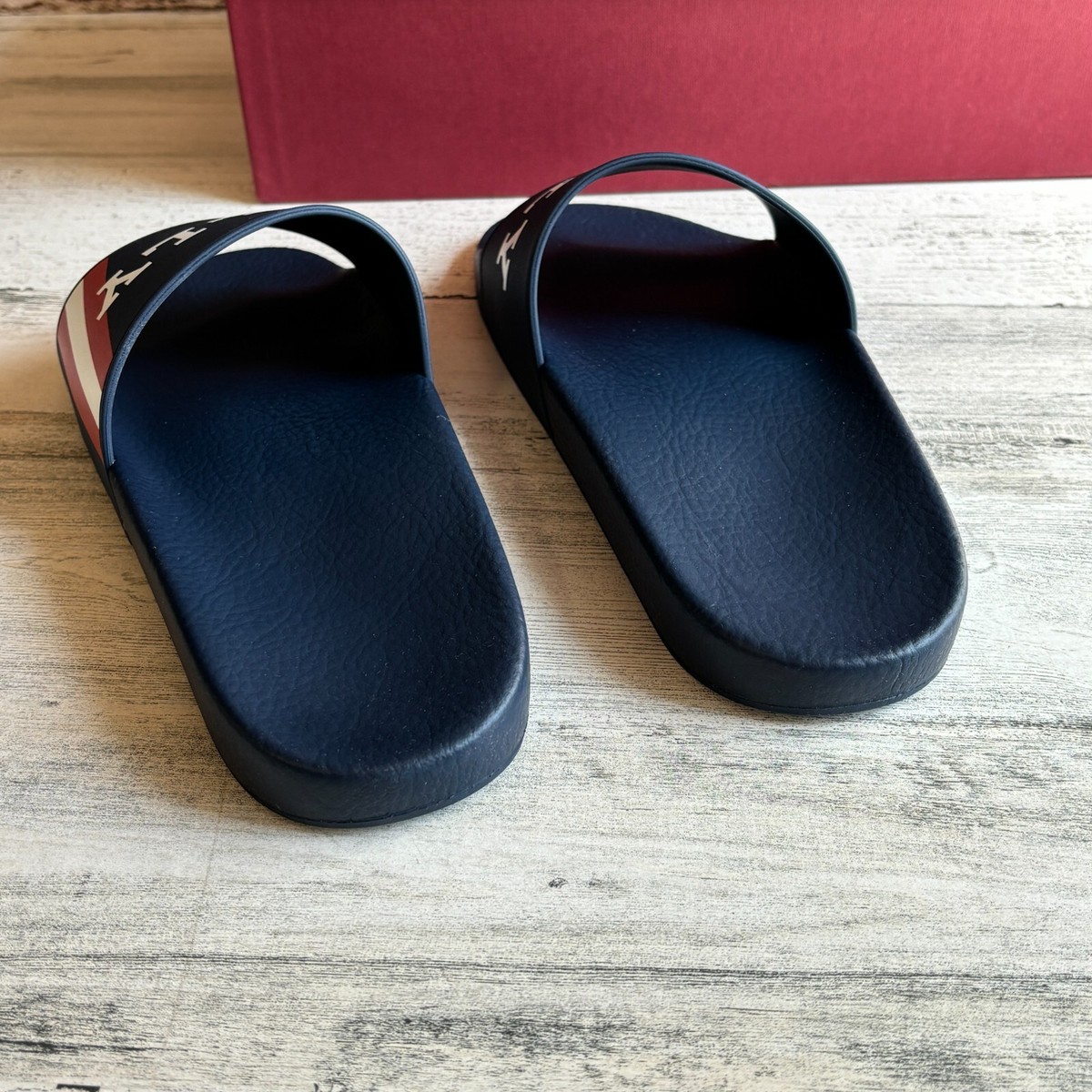 BALLY SIMON BLUE INK RUBBER RED WHITE WEB LOGO SANDAL POOL