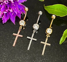 1pc Crystal Gem Paved Cross Belly Ring Navel Naval 316L Surgical Steel