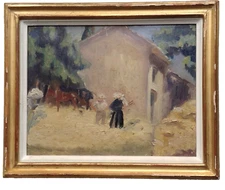19th CENTURY IMPRESSIONIST OIL PAINTING  - ANTIQUE PLEIN AIR LANDSCAPE PEASANTS