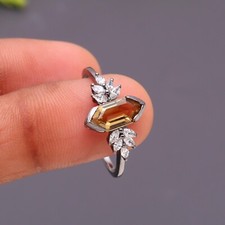 Natural Citrine Quartz Hexagon Ring 925 Sterling Silver Oxidized Dainty Jewelry