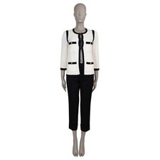 71988 auth CHANEL white  navy 12C ANTIBES JACQUARD KNIT Jacket 34 XXS