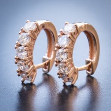 Pink Rose Gold Plated Small 925 Sterling Silver Iced Solitaire Cz Hoop Earrings