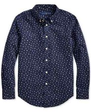 NWT Ralph Lauren Boys Nautical Seersucker Long Sleeve Button Down Shirt, Navy, L