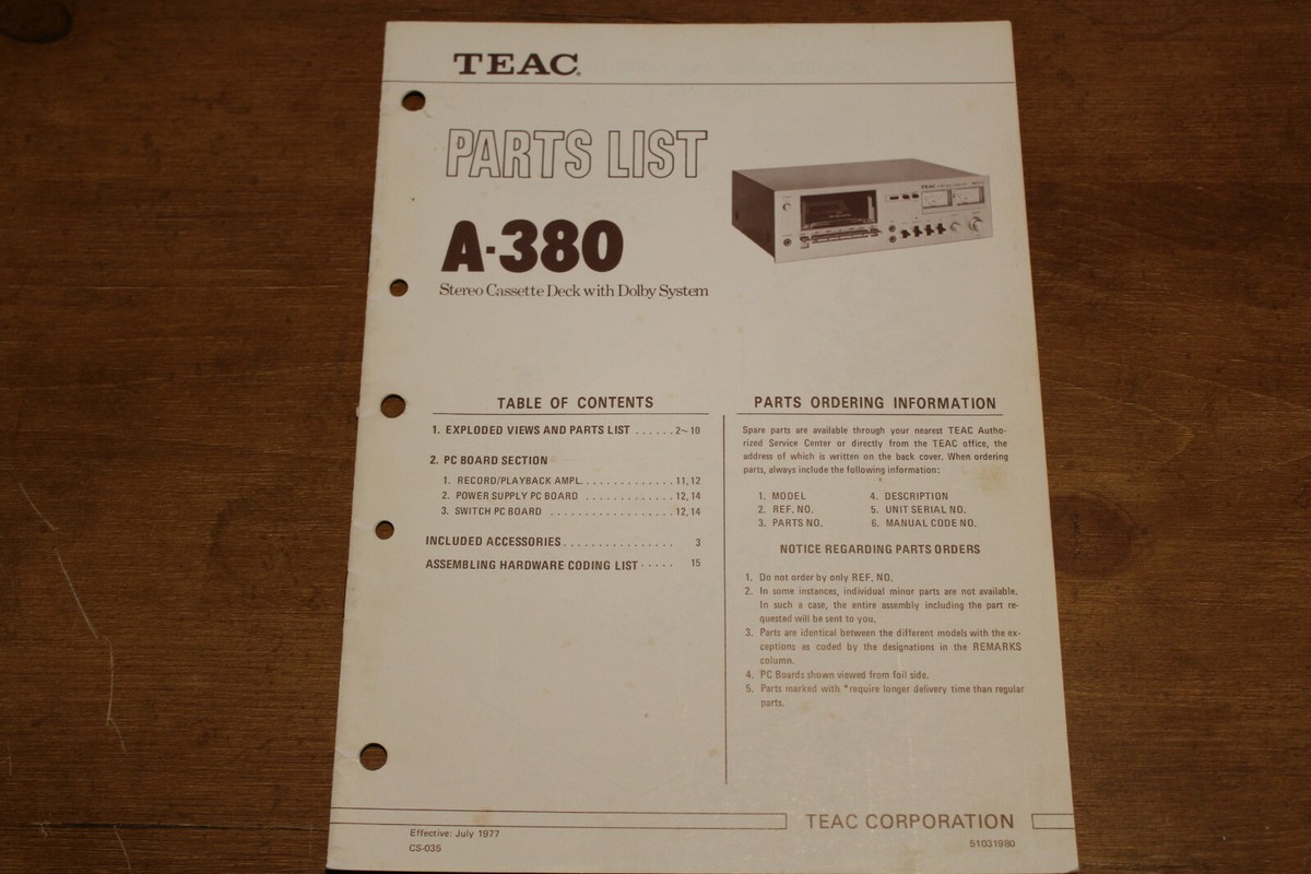 Original Factory TEAC A-380 Stereo Cassette Parts List | eBay