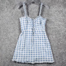 Urban Outfitters Blue Gingham Lace Up Ruffle Mini Dress Small OB1210894