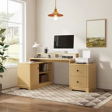 67" L-Shaped Desk with Storage & Power Outlets, Modern Home Office Computer Desk