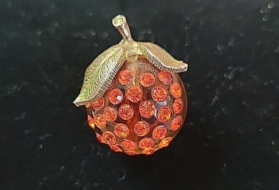 Vintage Austrian Forbidden Fruit Orange Lucite Rhinestones Leaves Brooch