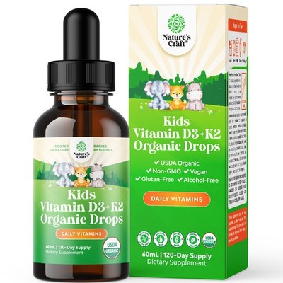 Natures Craft Kids Vitamin D3 K2 Drops Organic or Strong Bones & Joints 60mL