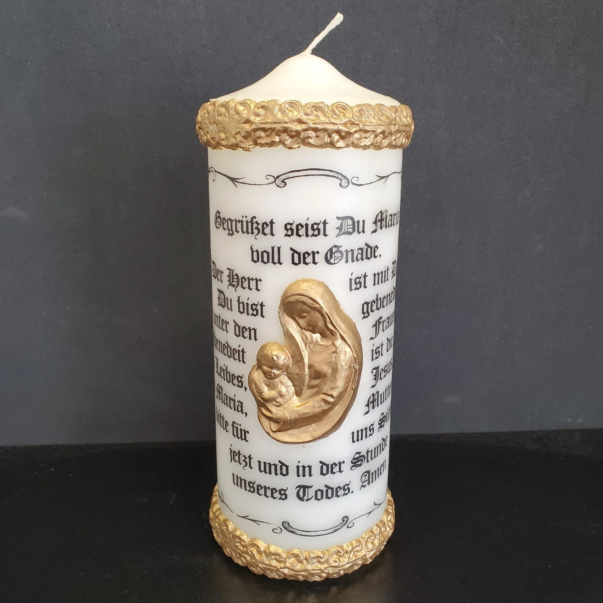Kerze mit Gebet "Gegrüßt seist du Maria" 22 cm weiss gold Goldrand christliche