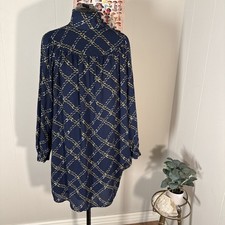 WHO WHAT WEAR Dress S Navy Chain Print Ruffle Mock Neck Puff Sleeve