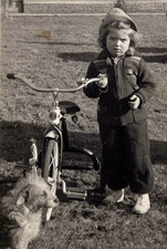 Vintage Photo Picture Photograph Little Girl Tricycle Pet Dog Lady House 1941