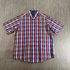 Paul Fredrick Shirt Mens L Blue Red Check Seersucker Short Sleeve Button Down