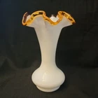 FENTON Glass Vase  Ruffled Crimped Edge Amber Gold Crest White Milk Vintage 8"