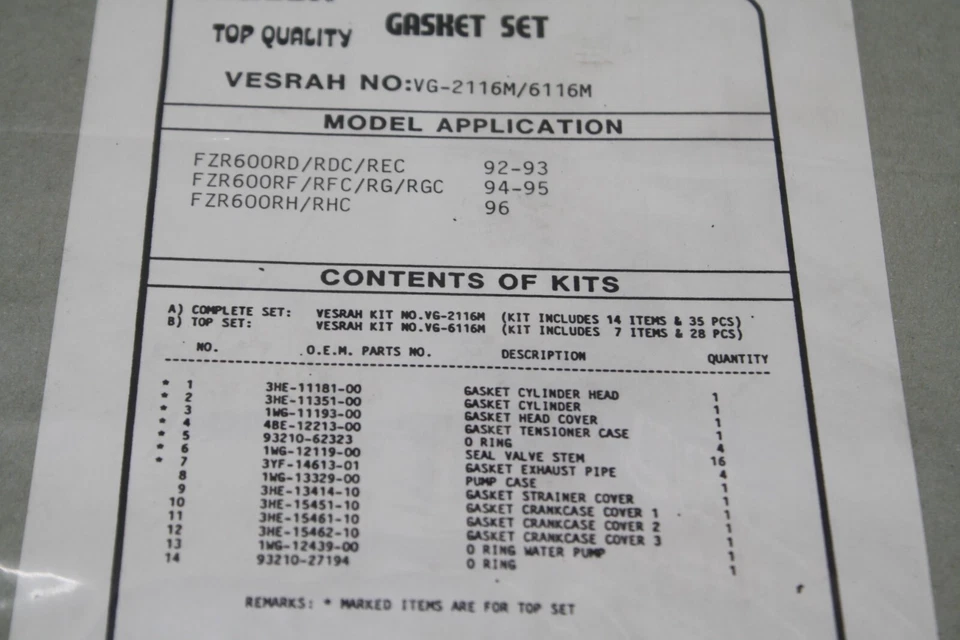 JUEGO COMPLETO DE JUNTAS YAMAHA FZR600 1992-1996 FZR600R VESRAH HECHO EN JAPÓN Foto 3 de 3