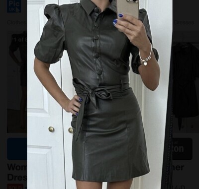 Michelle Keegan Dress Leather PU Mini Shirt Style Buttons Belted