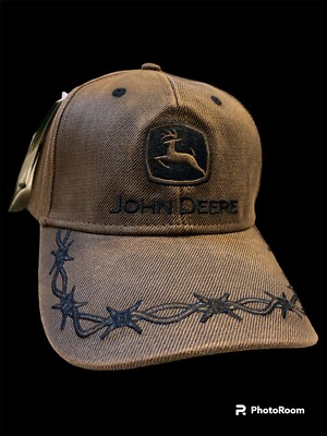 John Deere Tractor Strapback Hat Baseball Cap Brown Oil Skin Pattern Barbed Wire