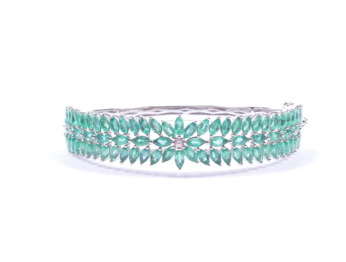 Emerald Bangle Bracelet Sterling Silver Flower Design Marquise Stones 22g