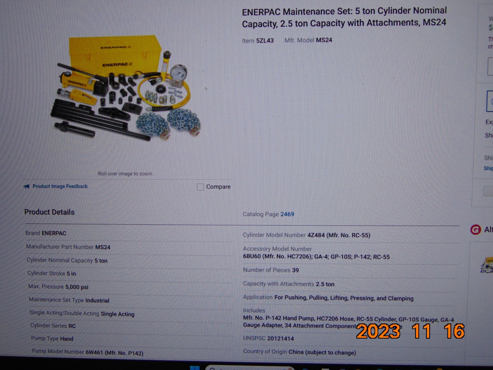 ENERPAC® MS24 HYDRAULIC CYLINDER AND HAND PUMP SET, 33 PIECES, 2.5 TON