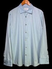 Calvin Klein Men Button Up Shirt Blue Striped Long Sleeve 100 Cotton Size L