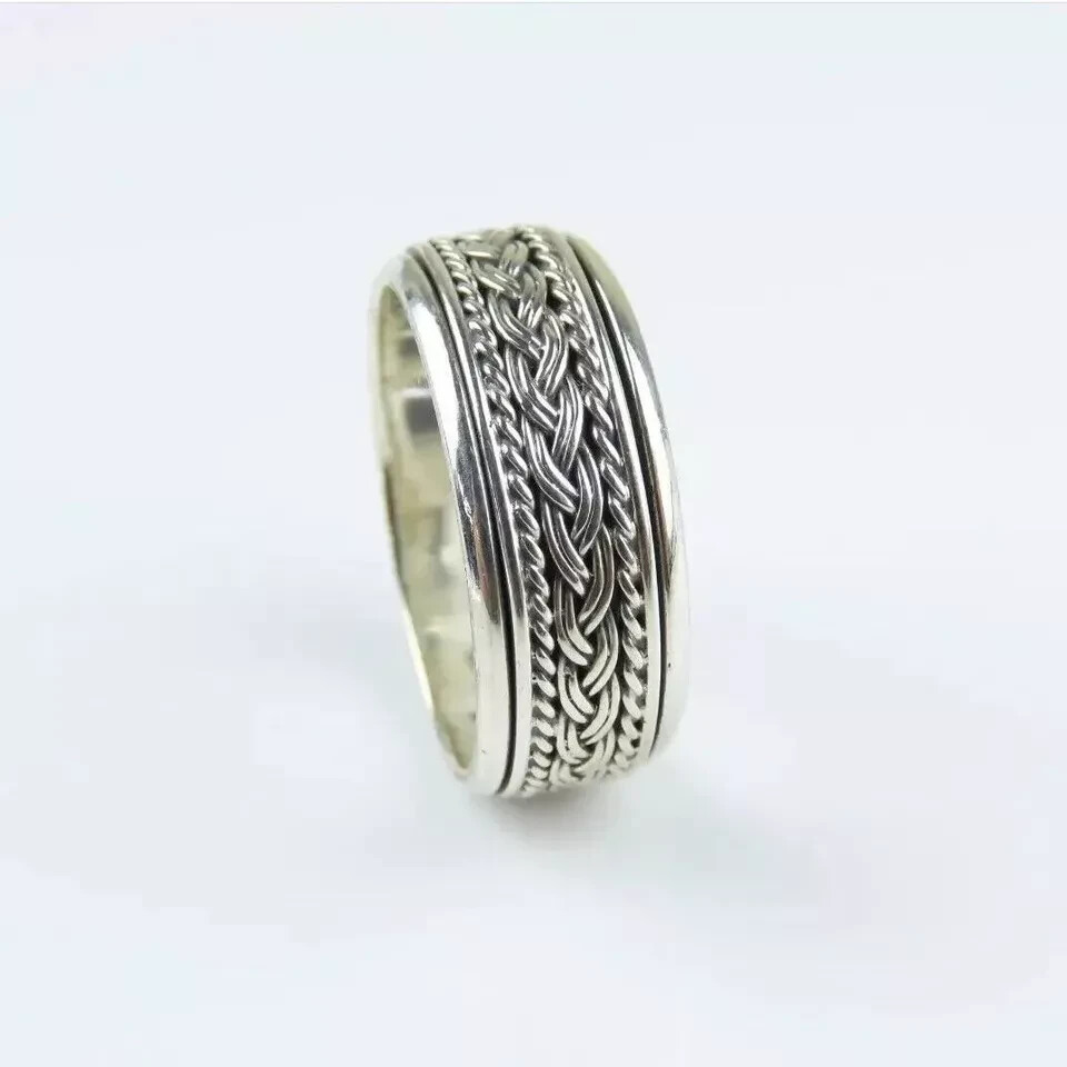 BRAIDED RINGS MEN'S SPINNING RING 925 STERLING SILVER MEDITATION BAND JEWELRY