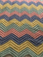 Four toned Chevron Pretty Pink Blue Yellow Green Vintage Afghan Throw Blanket