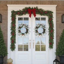 2Pcs 18inch Pre-lit Snow Flocked Christmas Wreath with 60 Warm Lights  140 Tips