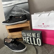 KEDS Kate Spade New York Black Glitter LaceUp Sneakers Size 8/39 PreOwned EUC