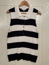 M&S Striped Knitted Collared Vest Size 18 Black White Button Down Ribbed
