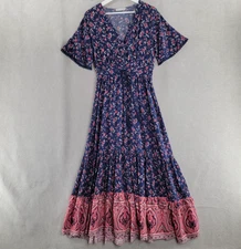 R Vioimos Womens Dress Size Small Blue Pink Bandana Floral Maxi Boho Cottagecore