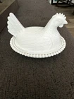 Indiana Milk Glass Hen on Nest Beaded Edge Covered Dish White Vintage