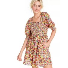 RIXO for Target Floral Smocked Mini Dress Multi Color Puff Sleeve Size L