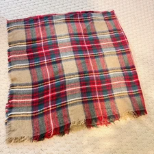 Large Plaid Blanket Scarf Wrap Tan Red Green Fringe Boho