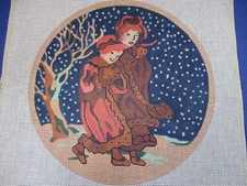 Huge Handpainted Needlepoint Canvas Girls in the Snow 13 Mesh