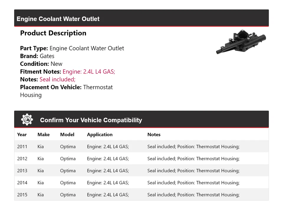 Para Kia Optima 2011-2015 Motor Refrigerante Salida Agua Termostato Carcasa Puertas Foto 2 de 4