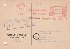 WERDAU, Postkarte 1946, Rudolf Dassler Altpapier-Grosshandlung Textilabfälle
