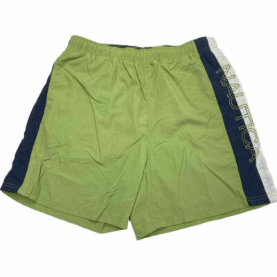 Nautica Bathing Suit L Green Blue Spellout Swim Trunks Shorts Beach Mens