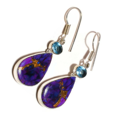 Purple Copper Turquoise with Blue Topaz Gemstone Handmade Drop Dangle Earrings - Picture 3 of 3