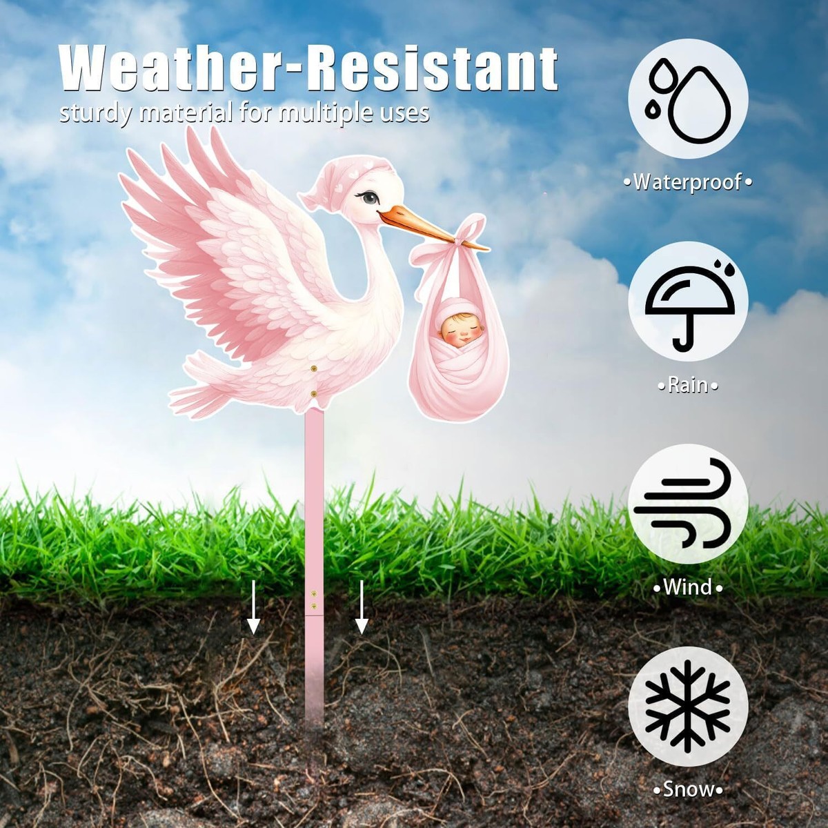 Cigogne De Naissance Pour L'extérieur - Ensemble Cigogne Rose Claquette 83 Cm Imprime Recto Verso Avec Baton En Bois Etiquette Nominative Et Carte De Voeux