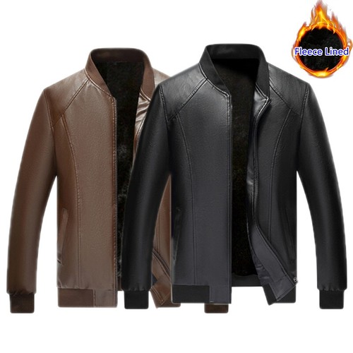 Men Faux Leather Bomber Jacket Thick Fleece Lined Baseball Coat Motorcycle - Bild 2 von 11