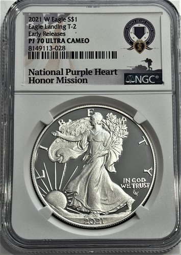 2021 W $1 T-2 NGC PF70 Ultra Cameo Proof Silver Eagle Landing ER Purple Heart - Picture 1 of 3