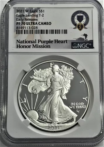 2021 W $1 T-2 NGC PF70 ULTRA CAMEO PROOF SILVER EAGLE LANDING ER PURPLE HEART