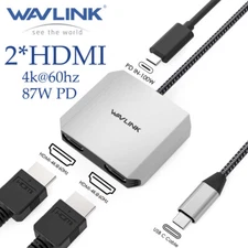 WAVLINK Dual HDMI Splitter 4K@60Hz HDMI Adapter Dual Monitors HDMI Hub 87W PD