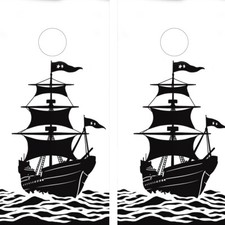 FADEPROOF Cornhole Board Wraps Laminated / Black White Pirate Ship