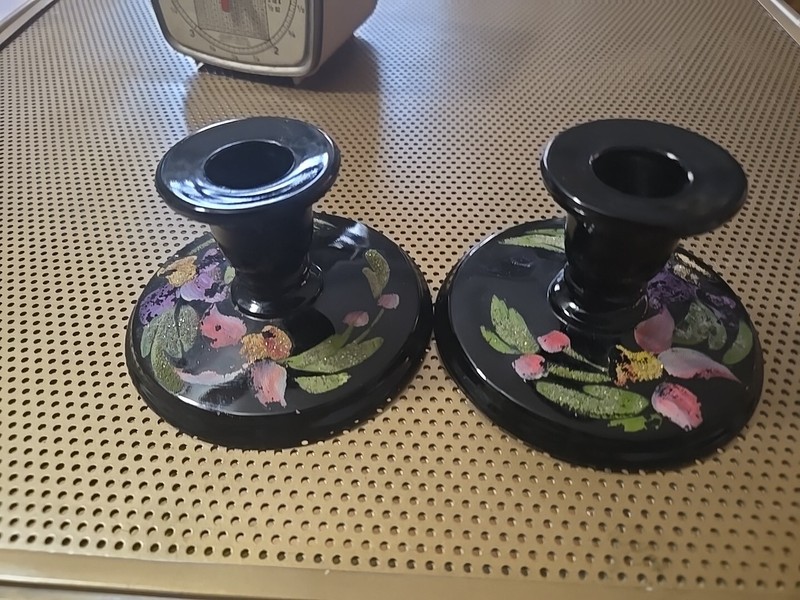 Pair of Black  Glass Small Candle Stick Holders Hand Painted Flowers JJ#105