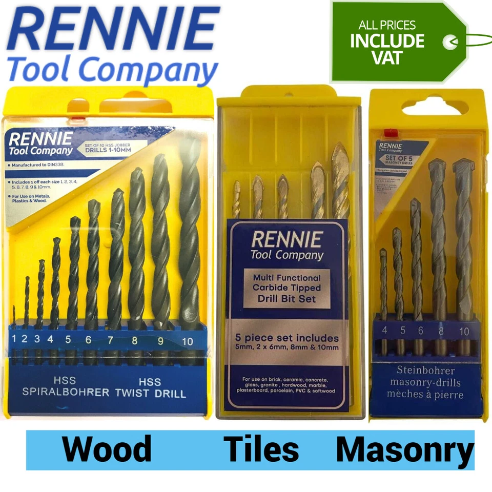 Rennie Tool Drill Bit Set Multi Purpose Metal Masonry Wood HSS Steel Tile Glass