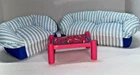 Vintage 94 ToyMax Barbie Blue Stripe Furniture Couch, Chair, Pillows, Table Rare