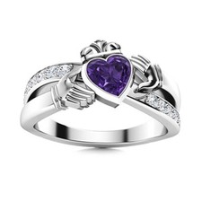 Claddagh Irish 5MM Heart Shape Amethyst 925 Sterling Silver Solitaire Women Ring