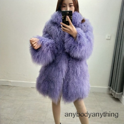 Women Real Mongolian Sheep Fur Coat with Collar Beach Wool Jacket Outerwear