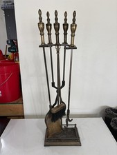 Vintage 5 Piece Brass Fireplace Tool Set with Stand Poker Shovel Brush Tongs