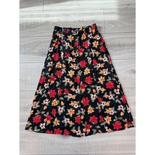 Sag Harbor Vintage Floral Button Front Midi Skirt Black Red Rayon Womens Medium